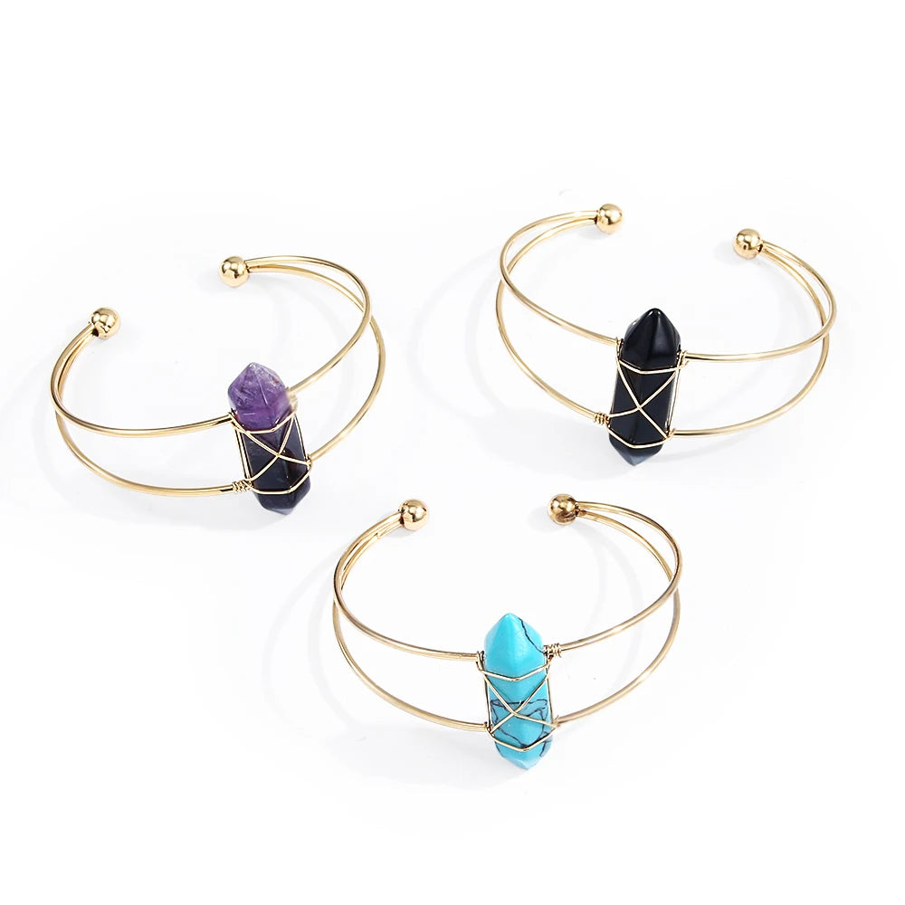 Unisex Cross-border Hot-selling Natural Gemstone 3.5cm Height Hexagonal Pillar Copper Open-ended Bracelet &  Bangle