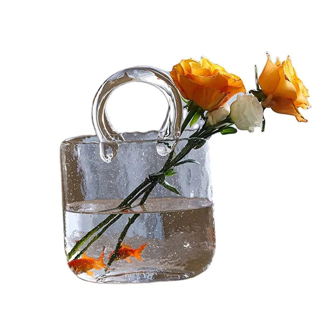 HOT Glass Purse Vase for Flowers Hand Blown Clear Vase With Bubbles Handbag Shape Fish Bowl Flower Vase for Floral Arrangement