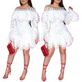 X6075 Chic Summer Dresses Women Casual Hollow Out Long Sleeve Off Shoulder Ruffle White Lace Dress Short Dresses for Women