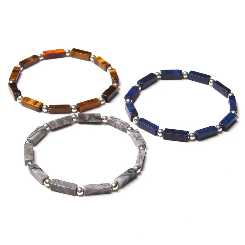 Natural Mini Long Cuboid Shape Gemstone Beads Stretch Bracelets Yoga Chakra Healing Jewelry for Women Men Girl Teens