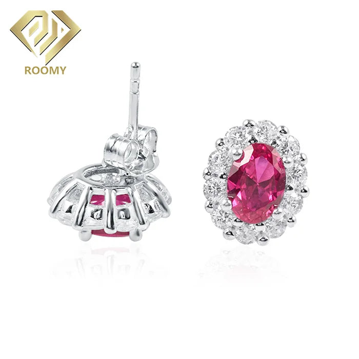 2025 Trendy Fashion Jewelry 18K Gold Plated Stud Earrings Oval Cut Lab Grown Ruby 925 Sterling Silver Earring for Girls