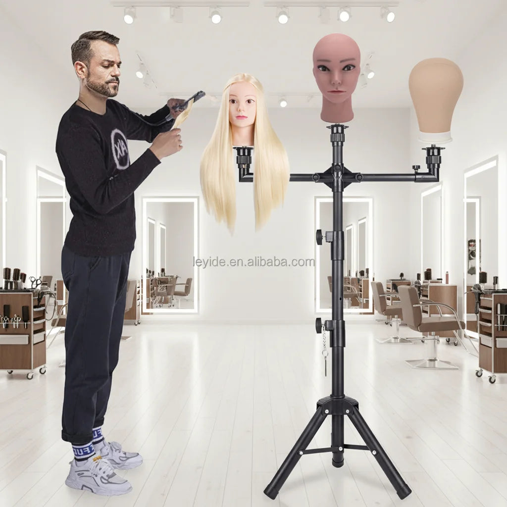 Alileader Wholesale Black Iron Mannequin Tripod Stand Wig Making Tools Wig Display Tripod with Metal Foot Pedal Carry Bag