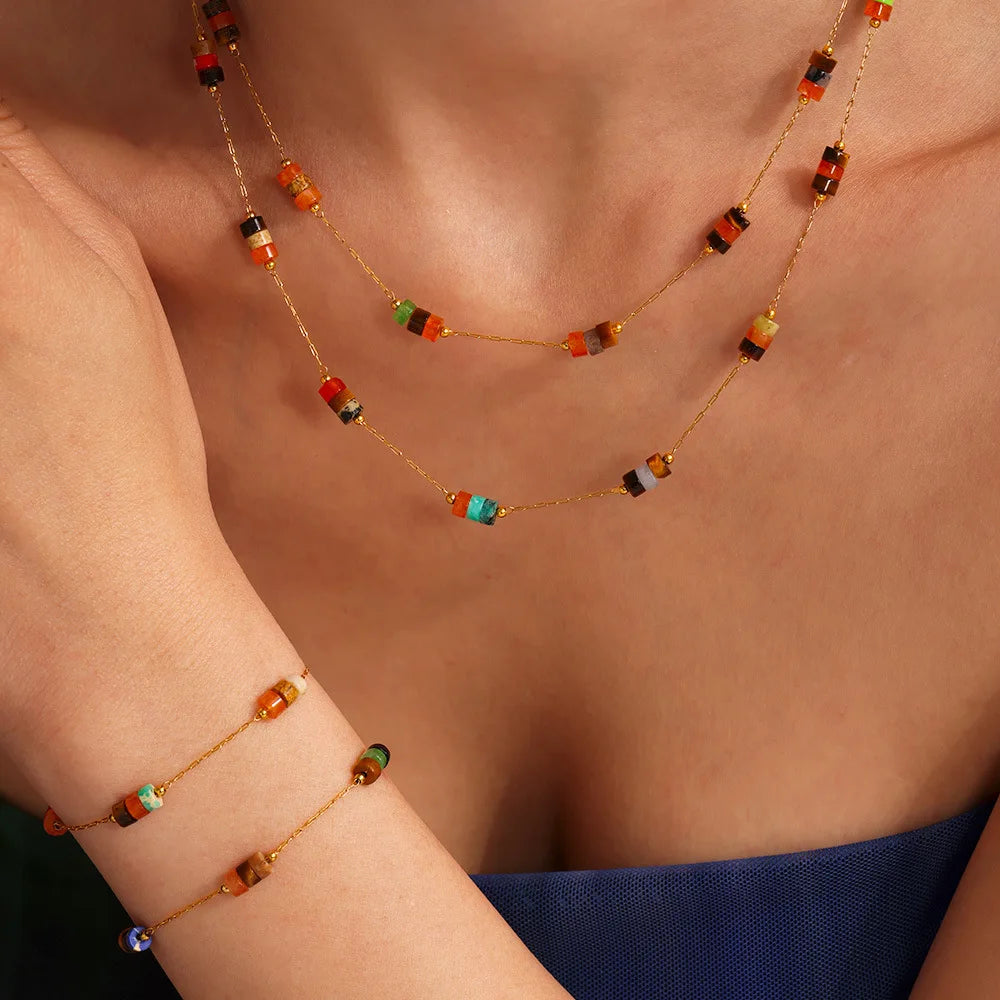 New18k Gold Plated Stainless Steel  Tube Natural Stone Necklace Bracelet Link Chain Jewellery Set for Women