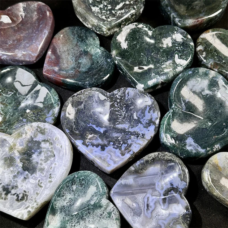 Natural Fengshui Crystal Bowls Green Quartz Polish Moss Agate Heart Bowls Sale