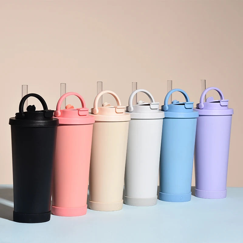 New 710ml Stainless Steel Double Layer Straw Cup Can Suck Pearls Portable Handle Insulated Drink Tumbler for Office & Home Use