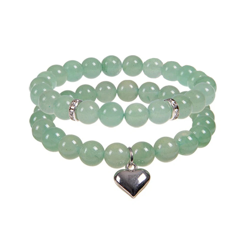 2Pcs/Set 8mm Natural Rose Quartz Aventurine Round Stone Beaded Lucky Bracelet Set With Silver Puffy Heart Charm