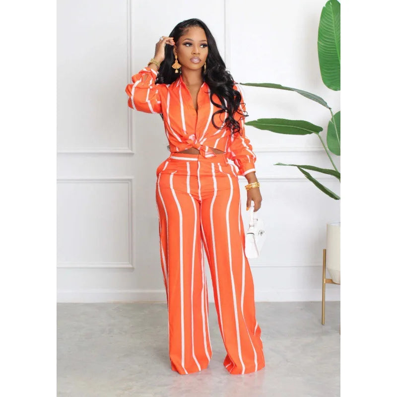 Women's Casual Summer Polyester Two-Piece Set Long Sleeve Vertical Striped Printed Top and Loose Straight Ankle-Length Suit