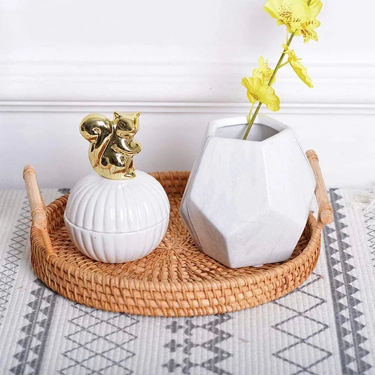 Luxury Home Round Natural Wicker Woven Wood Rattan Tabletop Vase Decorative Trays for Table Decor