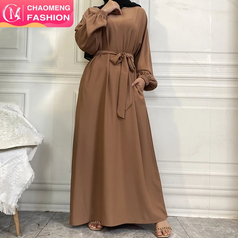 6673# New Fashion Dress Smooth Nida Simplicity Solid Color Elastic Sleeves With Side Pockets Versatile Dress 13 Colors