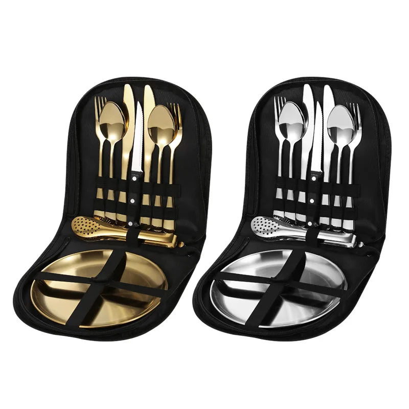Camping Tableware Set Stainless Steel Picnic Cutlery Steak Knife Cutlery Set Picnic Cloth Plate Kit Portable Camping Cutlery Set