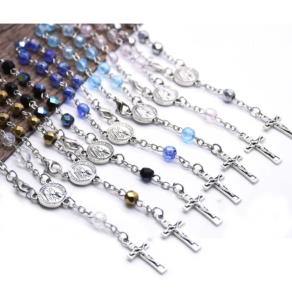 Catholic Religious Rosary Jesus Charm Bracelets Cross Bless Colorful Imitation Pearl Accessories Rosary Kids Baptism Link