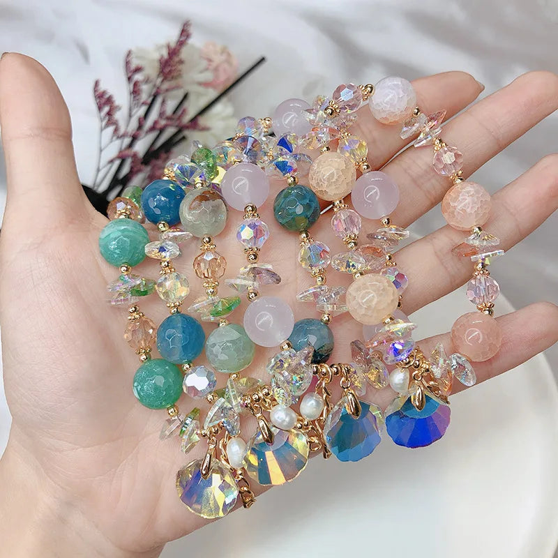 Healing Colored Crystal Shell Charm Couple Bracelet Spiritual Gemstone Amethyst Birthstone Anxiety Bracelet for Bride Jewelry