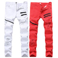 Men's Zipper Casual Jeans White Red Ripped Hole Jeans Homme