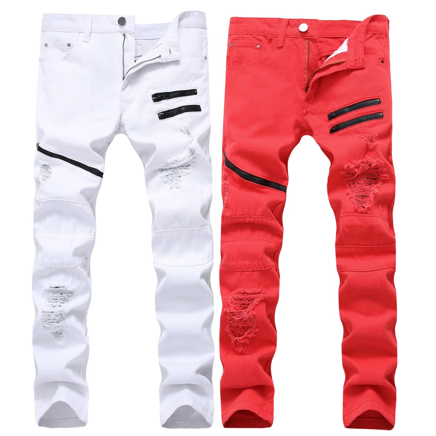 Men's Zipper Casual Jeans White Red Ripped Hole Jeans Homme