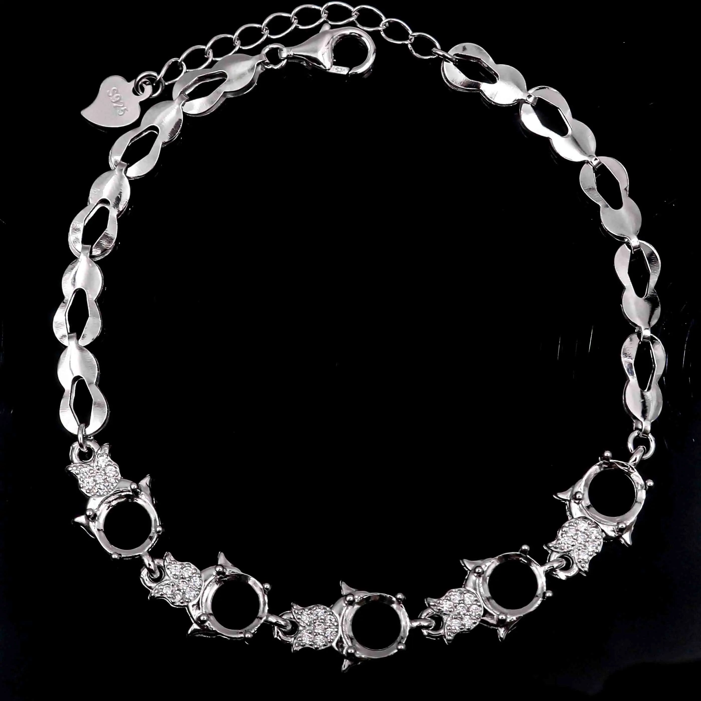 Sterling Silver 6*6mm Semi Mount Bracelet Empty Support Blank Claws Setting S925 Base Holder Without Center Stone Inlay for DIY