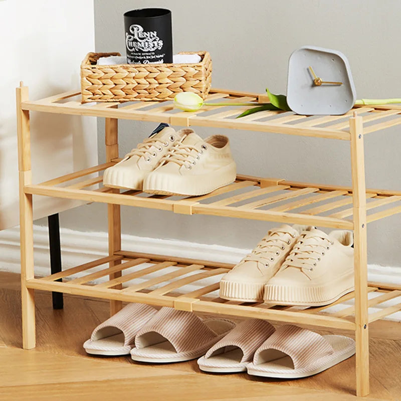 3-Tier Multifunctional Bamboo Shoe Rack Free Standing and Stackable Storage Drawer for Bedroom or Living Room Folding Design