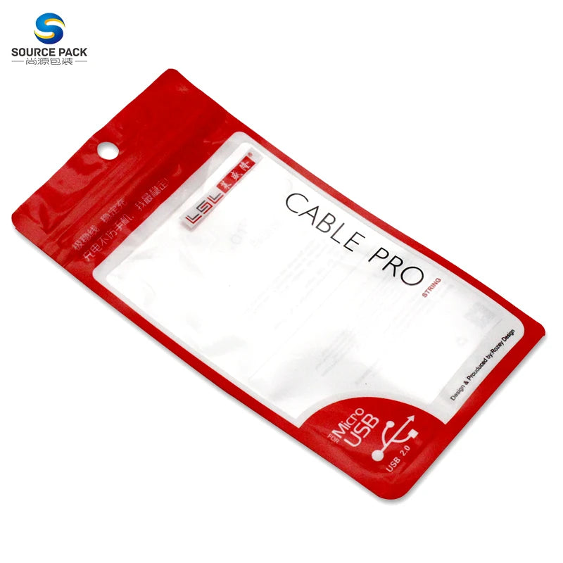 Custom Printing Plastic USB Data Cable Zip Lock Pouch Phone Accessories Transparent Retail Zipper Package Bag With Hang Hole