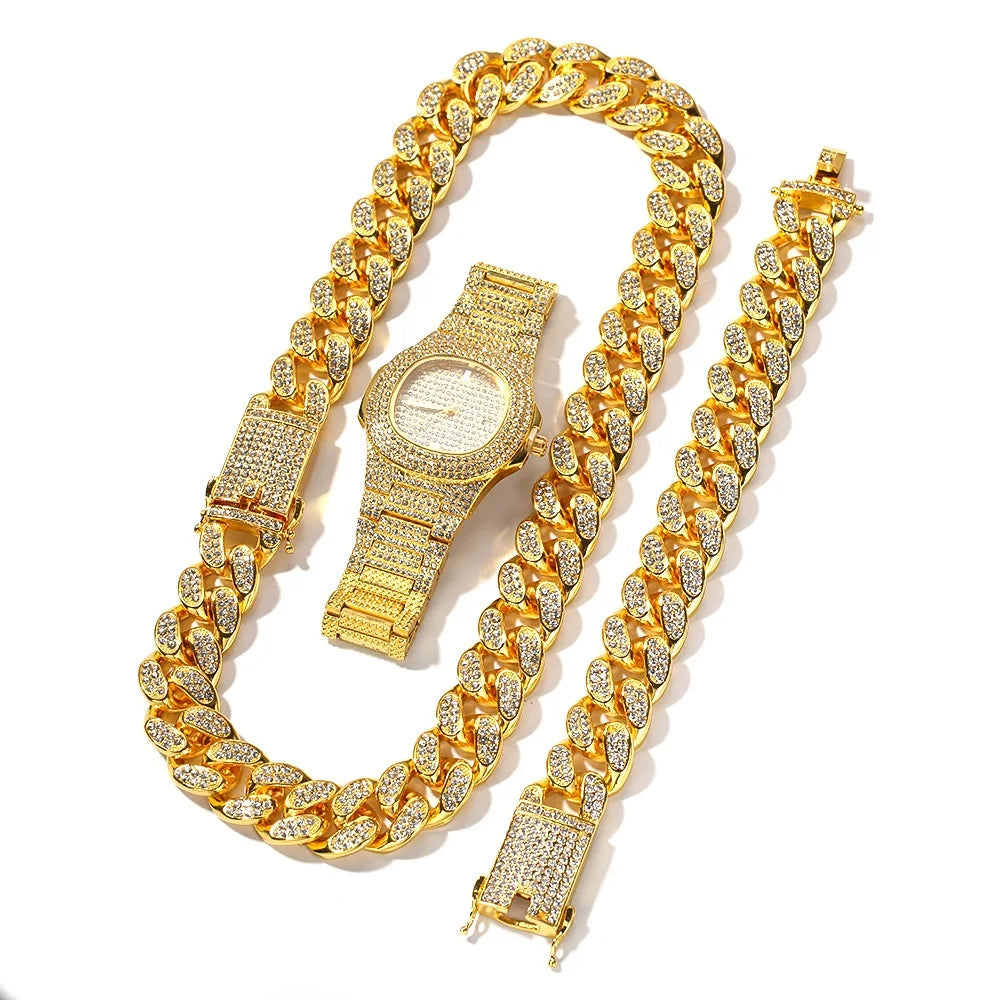 High Quality Gold Plated Miami Cuban Link Chain Necklace and Bracelet Sets Iced Out Quartz Watch Rose Jewelry for Womens