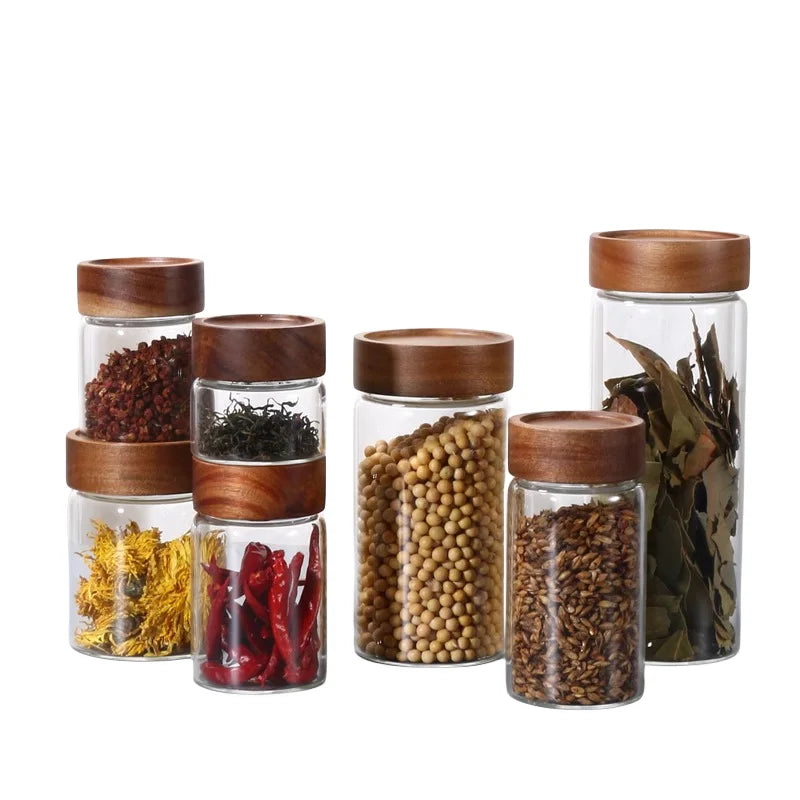 Food Grade Borosilicate Spice Storage Glass Jar with Screw Acacia Wooden Lid
