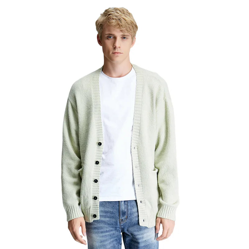 OEM V Neck Knitted Loose Oversize Custom Embroidery Letter Patches Sweater Men Cardigan Knit