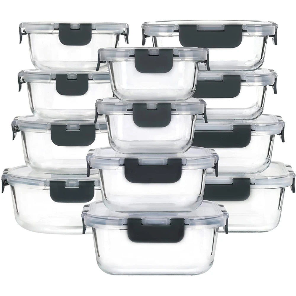 24-Piece BPA Free Glass Food Storage Containers Airtight Lids Microwave Dishwasher Safe Lunch Bento Boxes (12 Lids 12