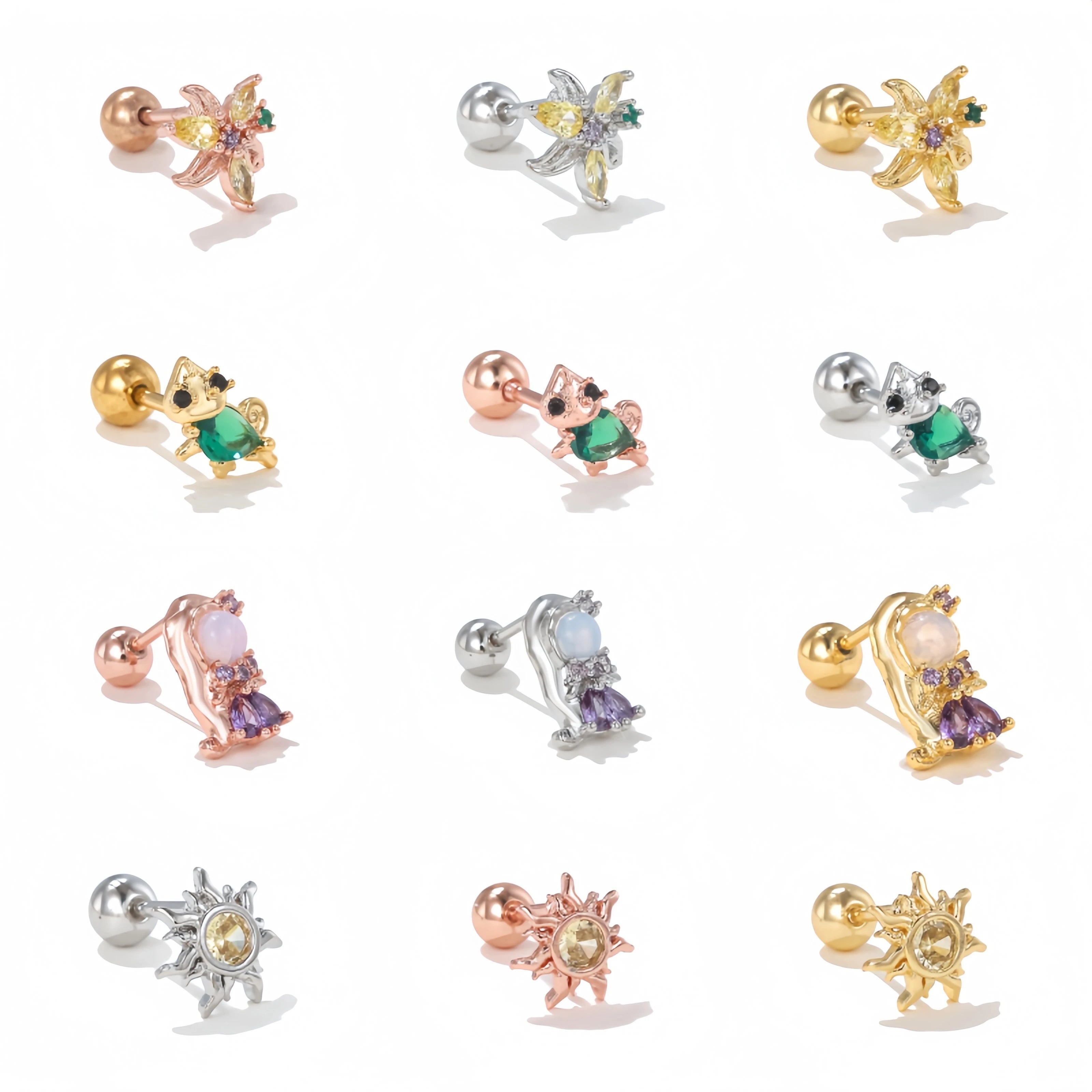 Hypoallergenic Titanium Earrings with Colorful Zircon Princess Design Piercing Studs for Sensitive Ears