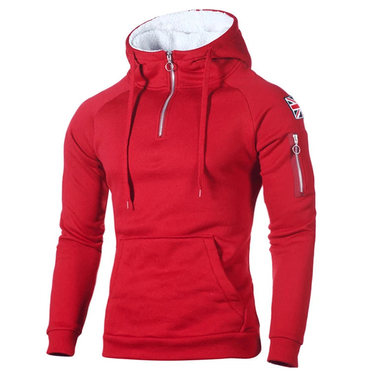 Autumn Zipper Neckline Hoody Sweatshirts Fleece Long Sleeve Men's Hoodies Sticker Pocket Winter Warmer Running Sportswear