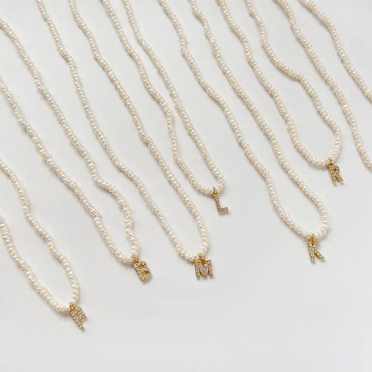 SC Natural Freshwater Pearl Beaded Choker Necklace Letter Pendant Necklace Dainty 18K Gold Plated Zircon Initial Necklace Women