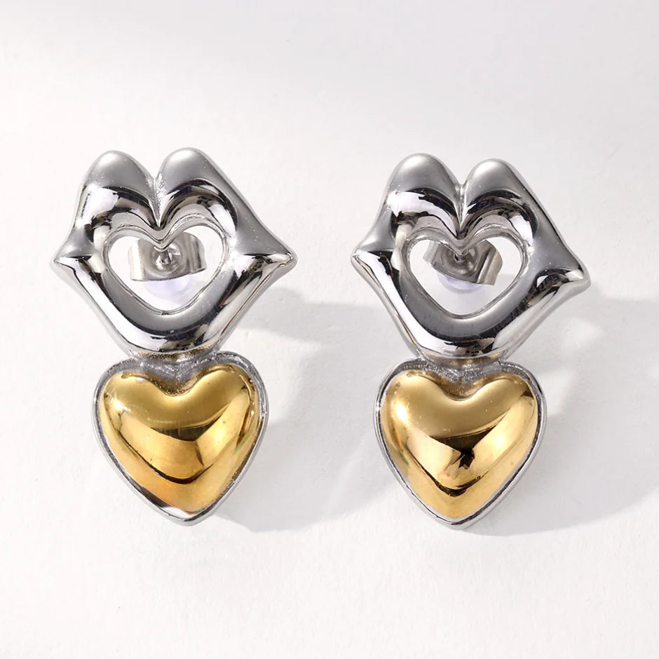 New Arrival Double Color Earring Gold Plated Stainless Steel Heart Jewelry Heart Lip Pendant Stud Earrings
