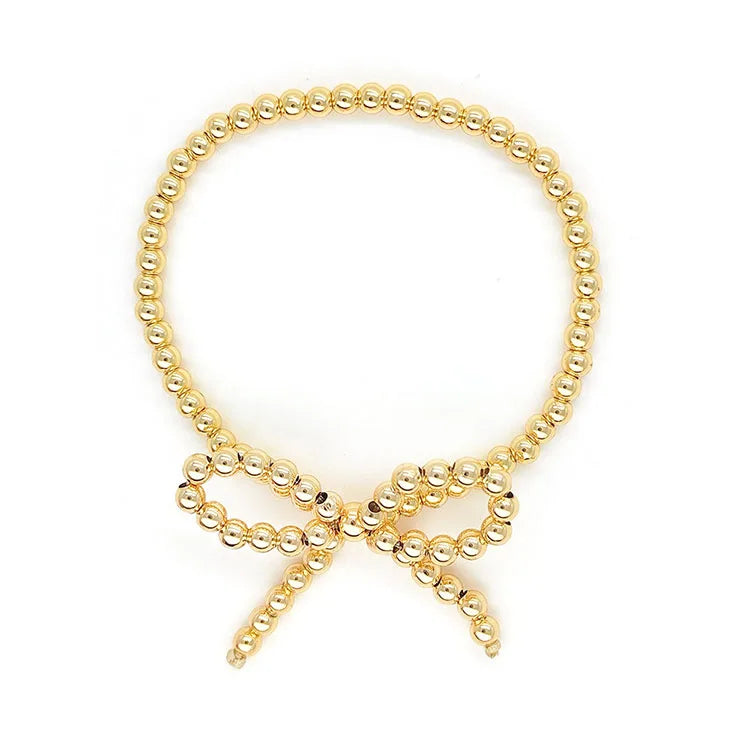 BM1169 Tiny 3mm 4MM Gold Ball Beads and Pearl Beaded Ribbon Bow Stackable Stretchy Bracelet Gold Plated Copper Beads Bracelet