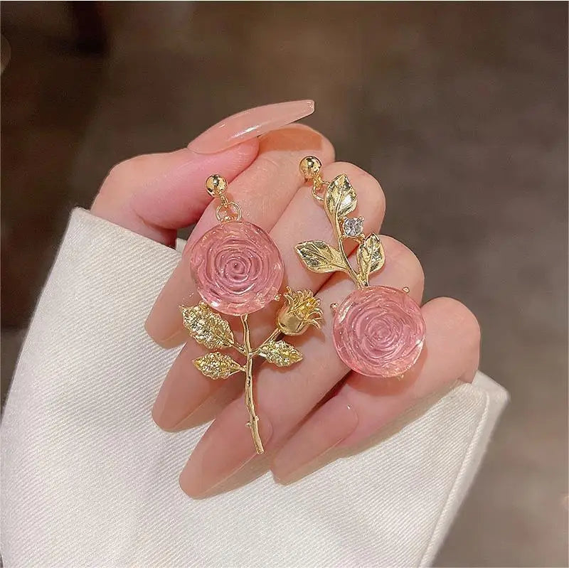 Romantic Crystal Flower Earrings Girls Super Fairy Temperament Asymmetric S925 Silver Needle Rose Stud Earrings As Gift
