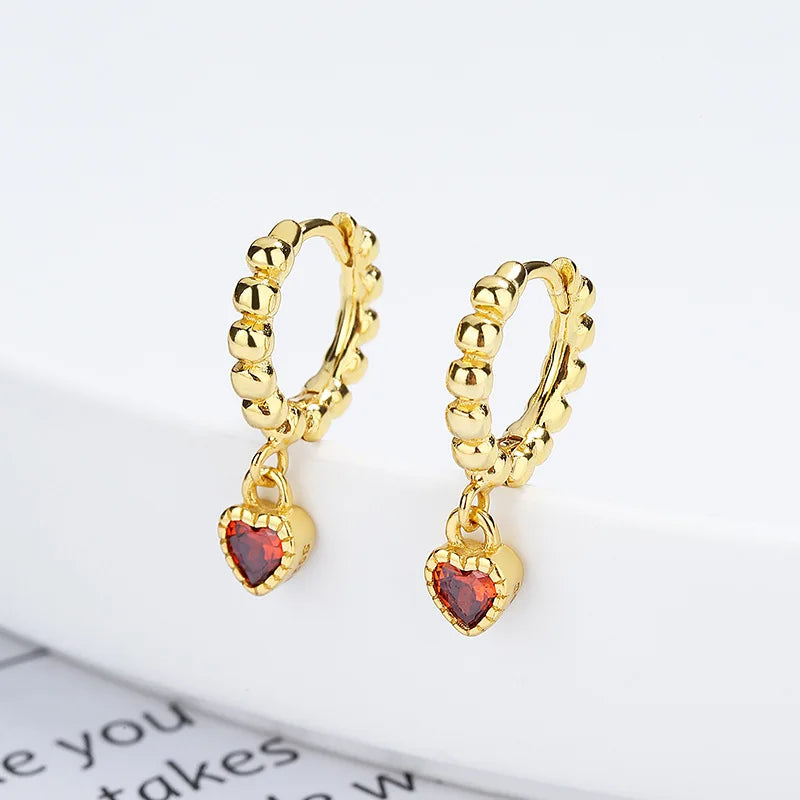 Fashion Jewelry 925 Sterling Silver Simple Red Heart Zircon Pendant Bead Shape Gold Plated Hoop Earrings Women