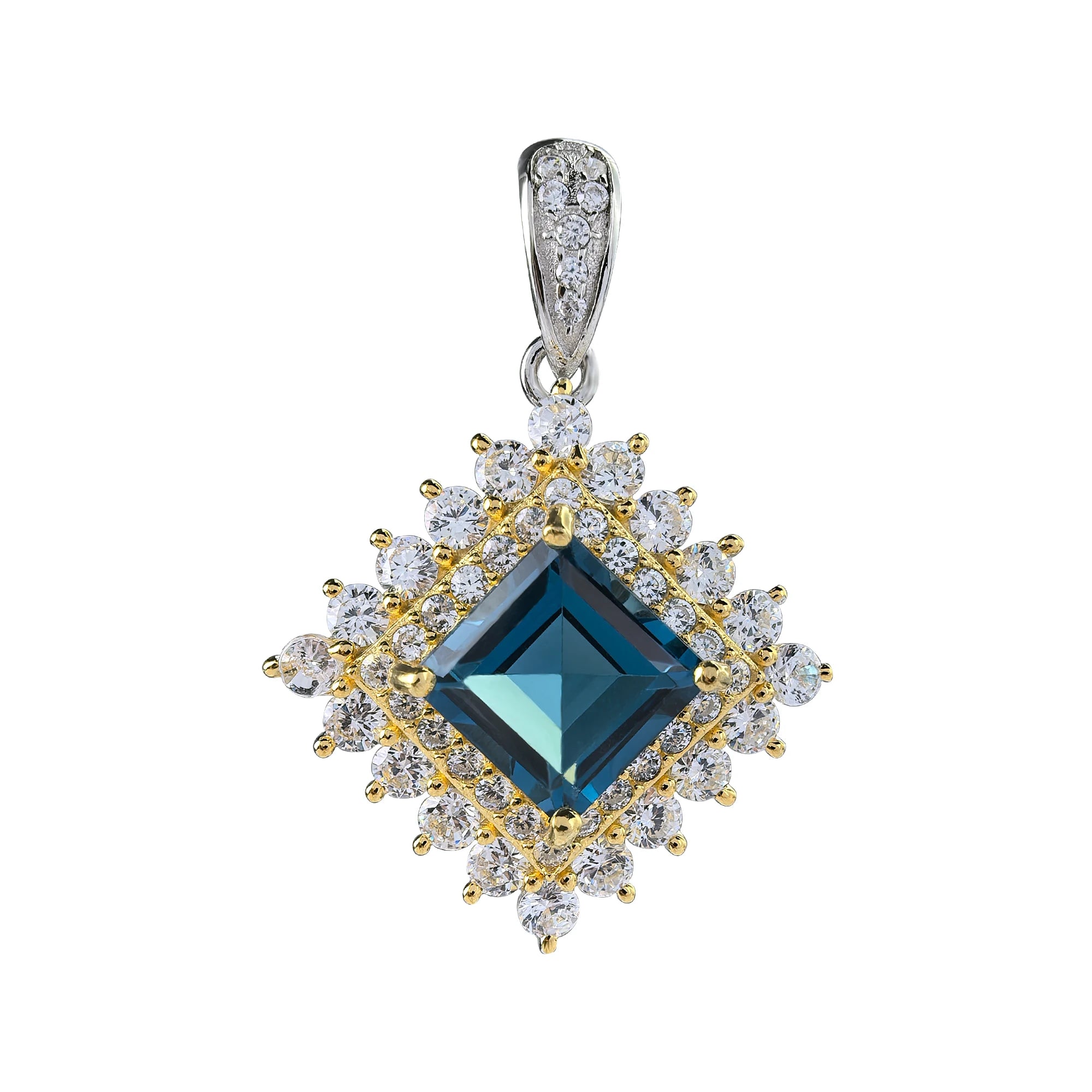 Sparkling Rhodium and Gold Plated 925 Sterling Silver Natural London Blue Topaz Pendant for Women Fine Pendants