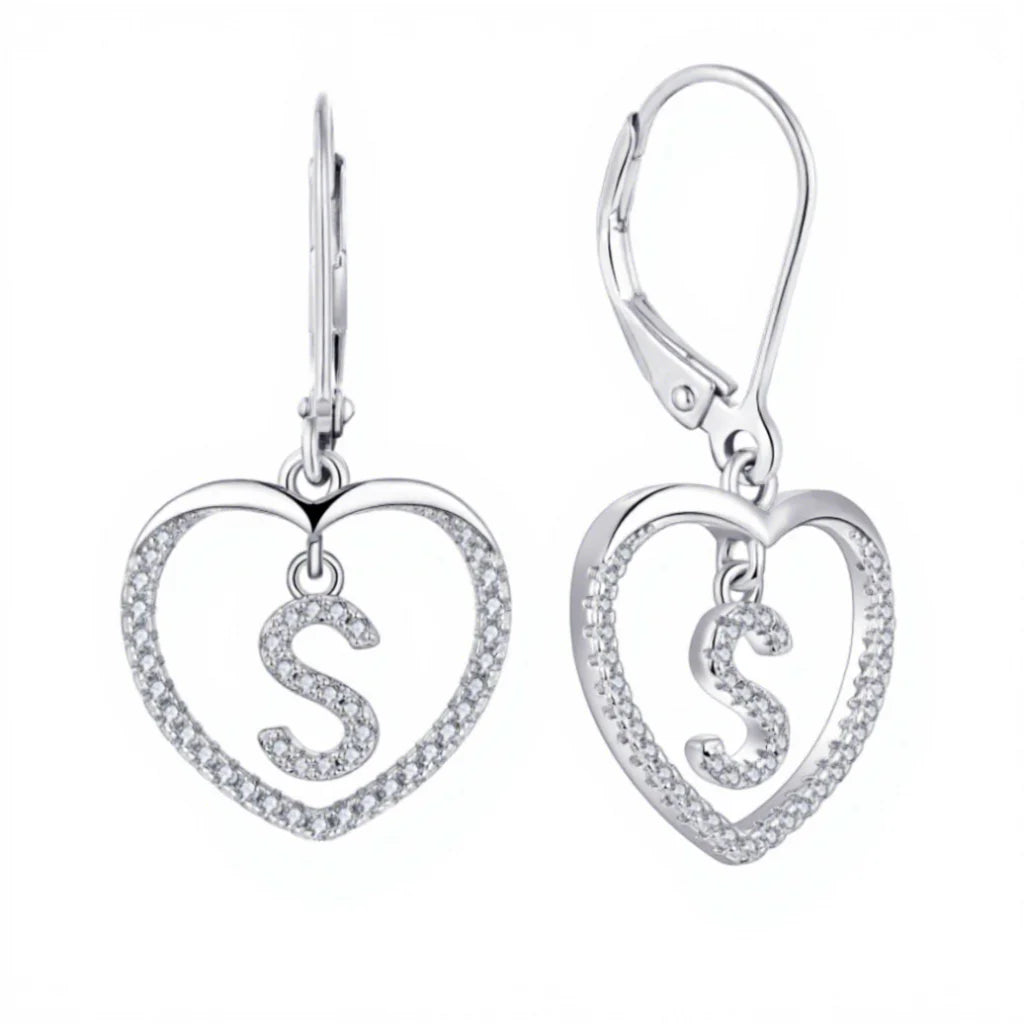 Wholesale 925 Silver 26 English Alphabet Earrings 5A CZ Trendy Rhodium Plated Letter S Heart Earrings