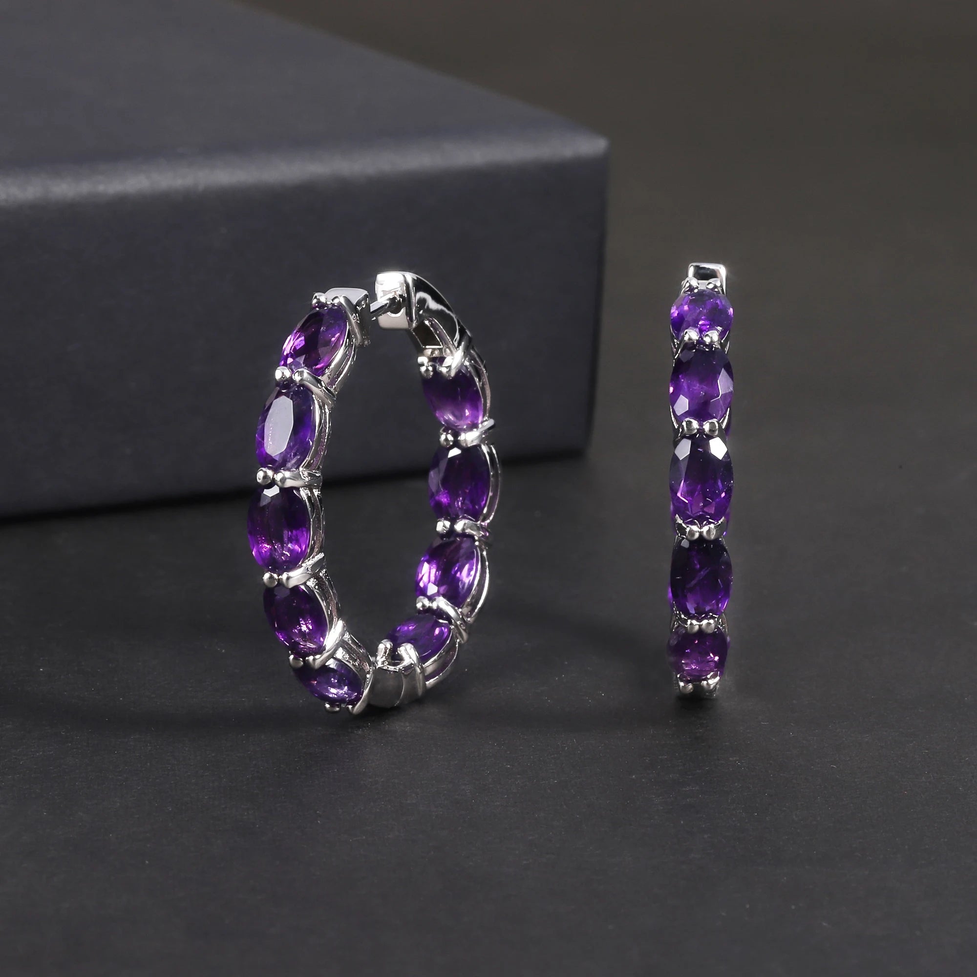 RZ0011 Abiding Custom Fine Jewelry Inside Outside Hoops 4x6mm Oval Amethyst Purple 925 Sterling Silver Hoop Earrings