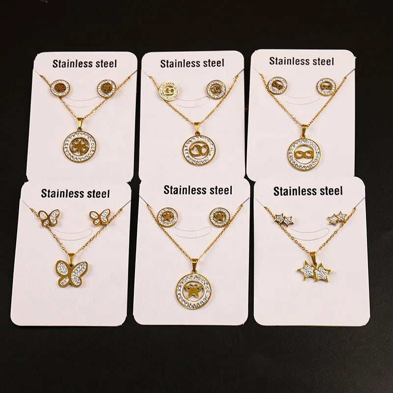 RisingMoon Luxury 3A Zirconia Necklace Earrings 18K Gold Plated Stainless Steel Necklace Jewelry Sets for Women