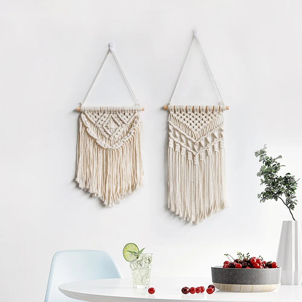 Boho Macrame Wall Hanging Hand Woven Bohemian Style Tassel Cotton Tapestries Beige Wall Decoration