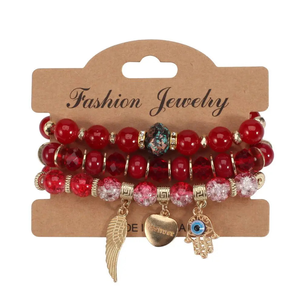 YL European American Hot Selling Women's Bohemian Multi Layer Elastic Bracelet Devil'S Eye Wing Heart Glass Bead New Style