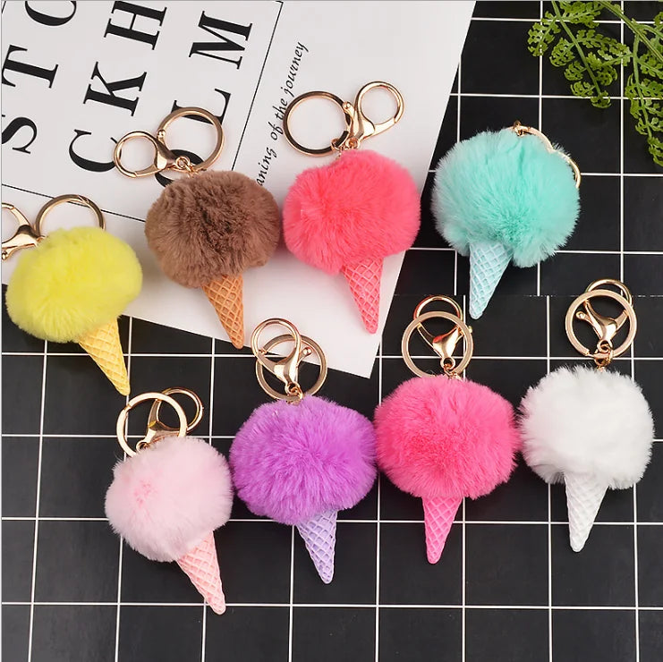 Custom Fluffy Fur Ice Cream Keychain Cute Pompom Puffball Key Rings