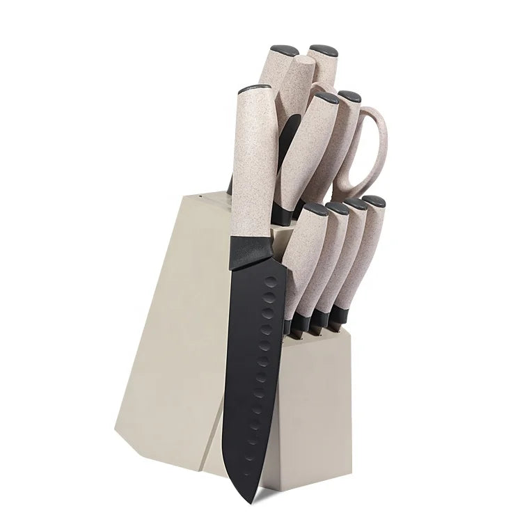 Stylishly Coated Non-Stick Kitchen Knife Set Wheat Straw Handle Pine Wood Block Stainless Steel Blades Present Chic Gift Box