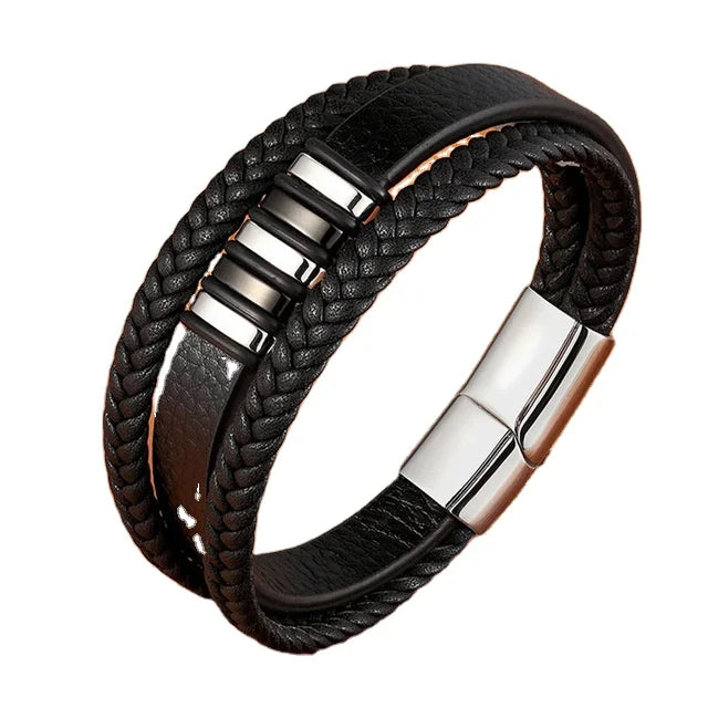 Popular from Europe and America stainless steel men's multi-layer woven leather bracelets and bangles