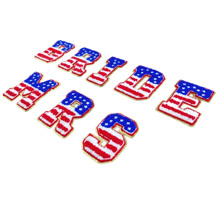 USA Flag 8cm Gold Glitter Chenille Letter Patches Eco-Friendly Fabric Iron-On Letters for Hat Decoration with Glitter in Stock