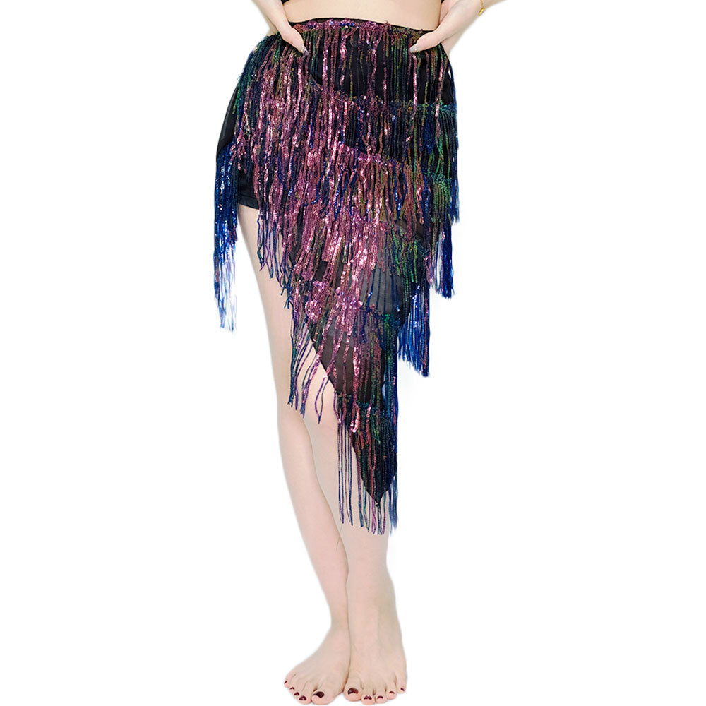 Hot Sale Bohemian Style Six Layer Sparkly Shiny Sequin Fringe Wrap Waist Skirt Latin Belly Dance Hip Scarf Belt for Women
