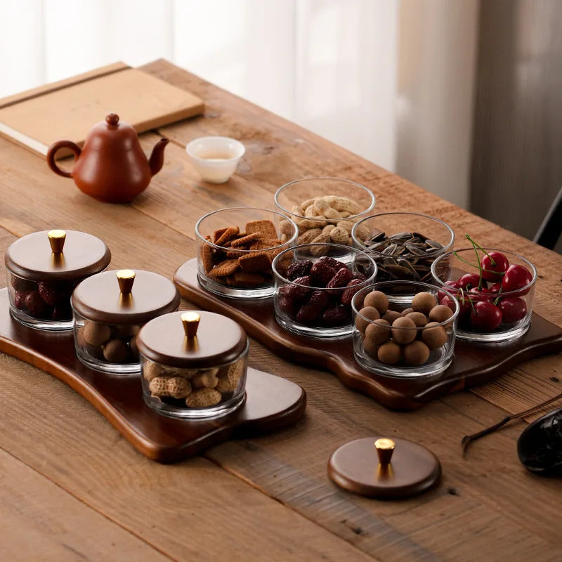 Chinese Eco-Friendly Bohemian Style Acacia Wood Plant Fruit Plate Wooden Lid Color Enamel Technique Camping Snack Dessert Nuts