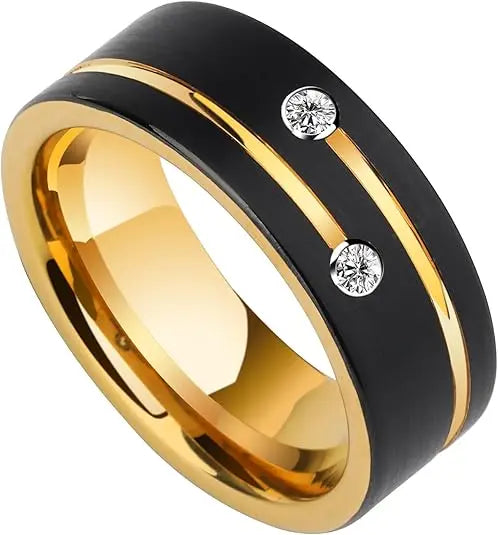 DINGCHAO Men's Wedding Band 18K Gold Plated Black Diamond Stainless Steel Ring Fashionable Simple Beveled Edge Gemstone Ring