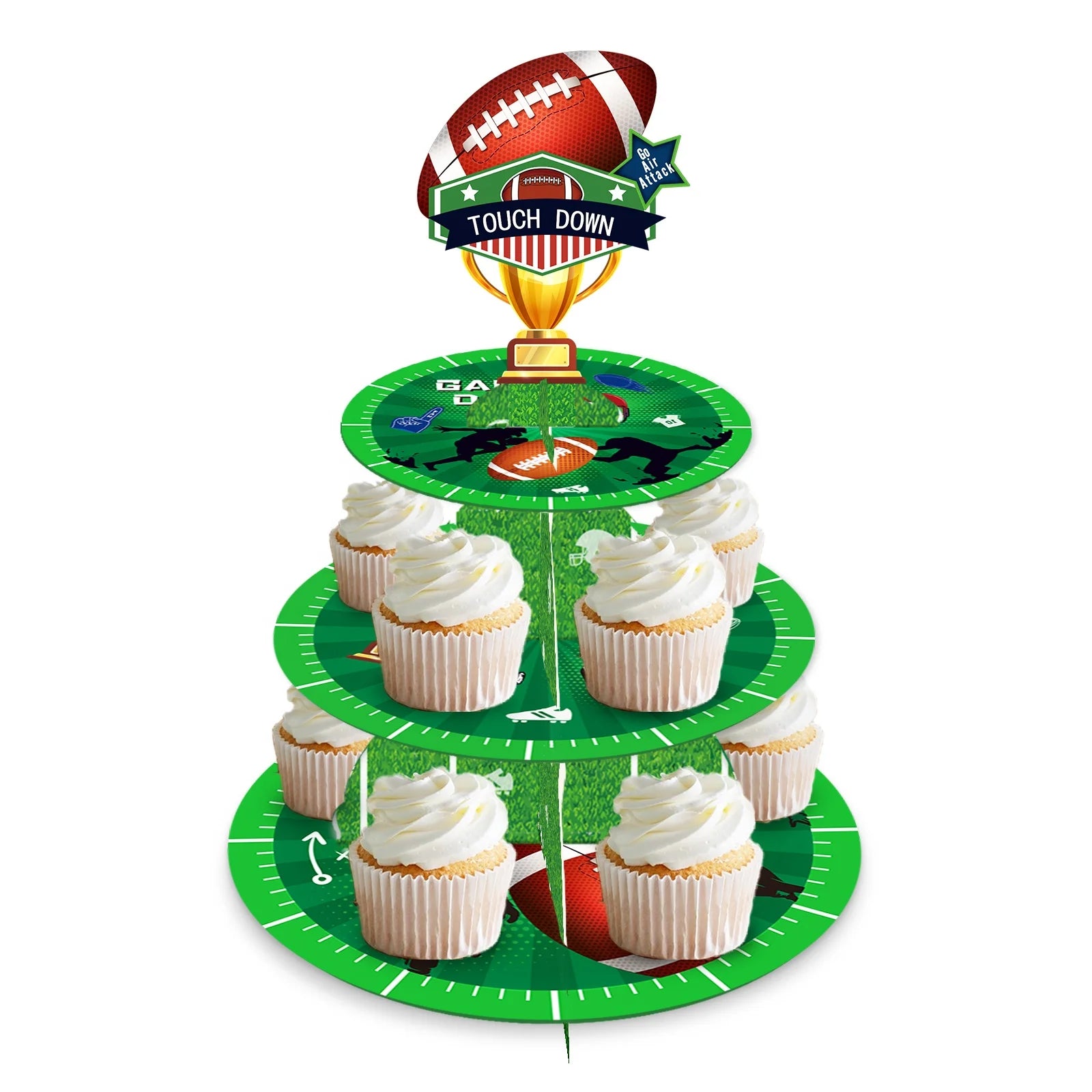 Huancai American Football Party Cake Stand Rugby Design 3 Tier Cupcake Stand Dessert Tower for Kids Boys Birthday Party Supplies