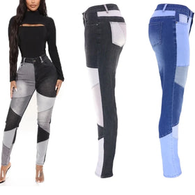 S-3XL Fashion Casual Geometric Contrast Jeans Skinny Jeans Four Seasons Women's Jeans