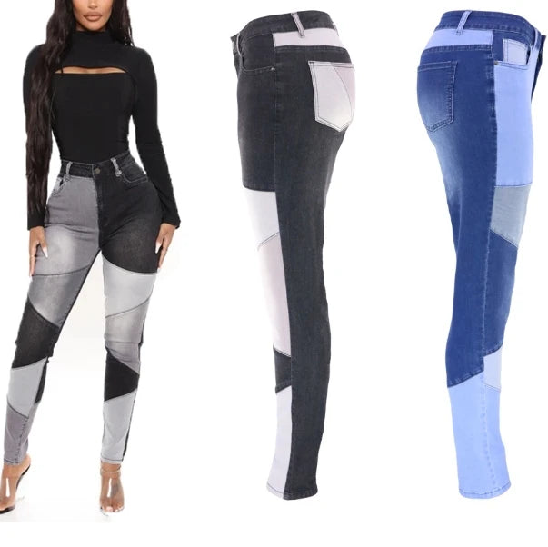 S-3XL Fashion Casual Geometric Contrast Jeans Skinny Jeans Four Seasons Women's Jeans