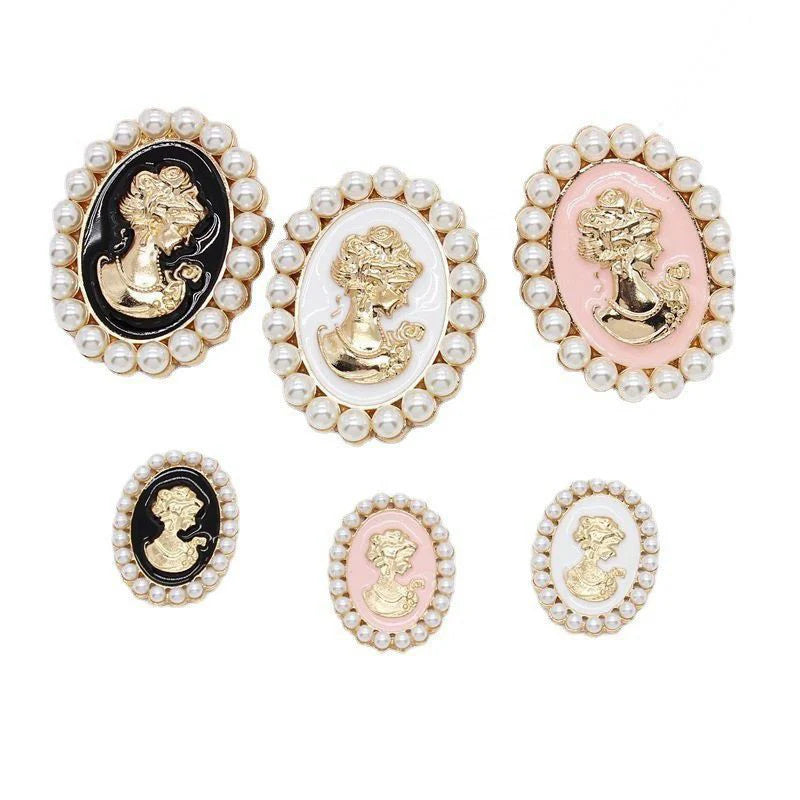 5cm 3cm Black White Pink Enamel Embossed Beauty Head Charms Flat Back Alloy Ornaments with Pearls Beads