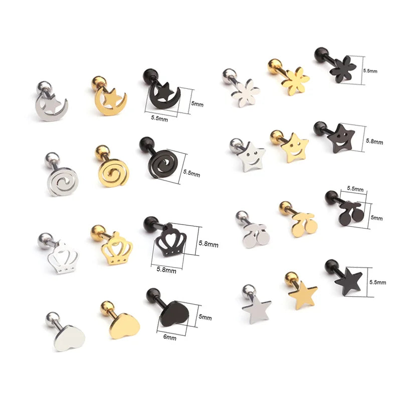 18G Stainless Steel Cartilage Stud Earrings Women Heart Crown Helix Tragus Conch Daith Piercings Jewelry Men